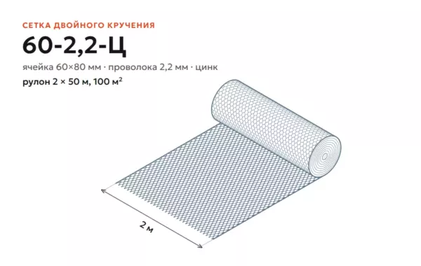Сетка двойного кручения 60-2,2-Ц в рулоне 2×50 м: чертёж, ячейка 60×80 мм