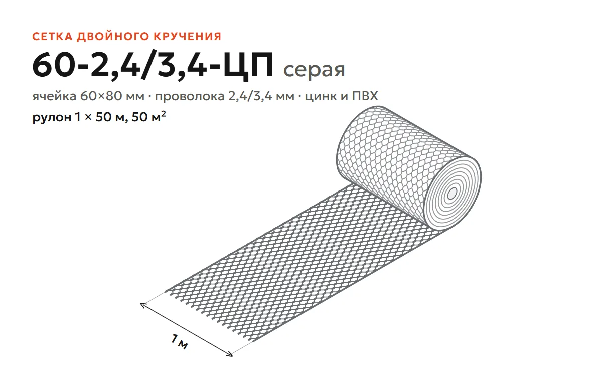 Сетка двойного кручения 60-2,4/3,4-ЦП серая, рулон 1×50 м