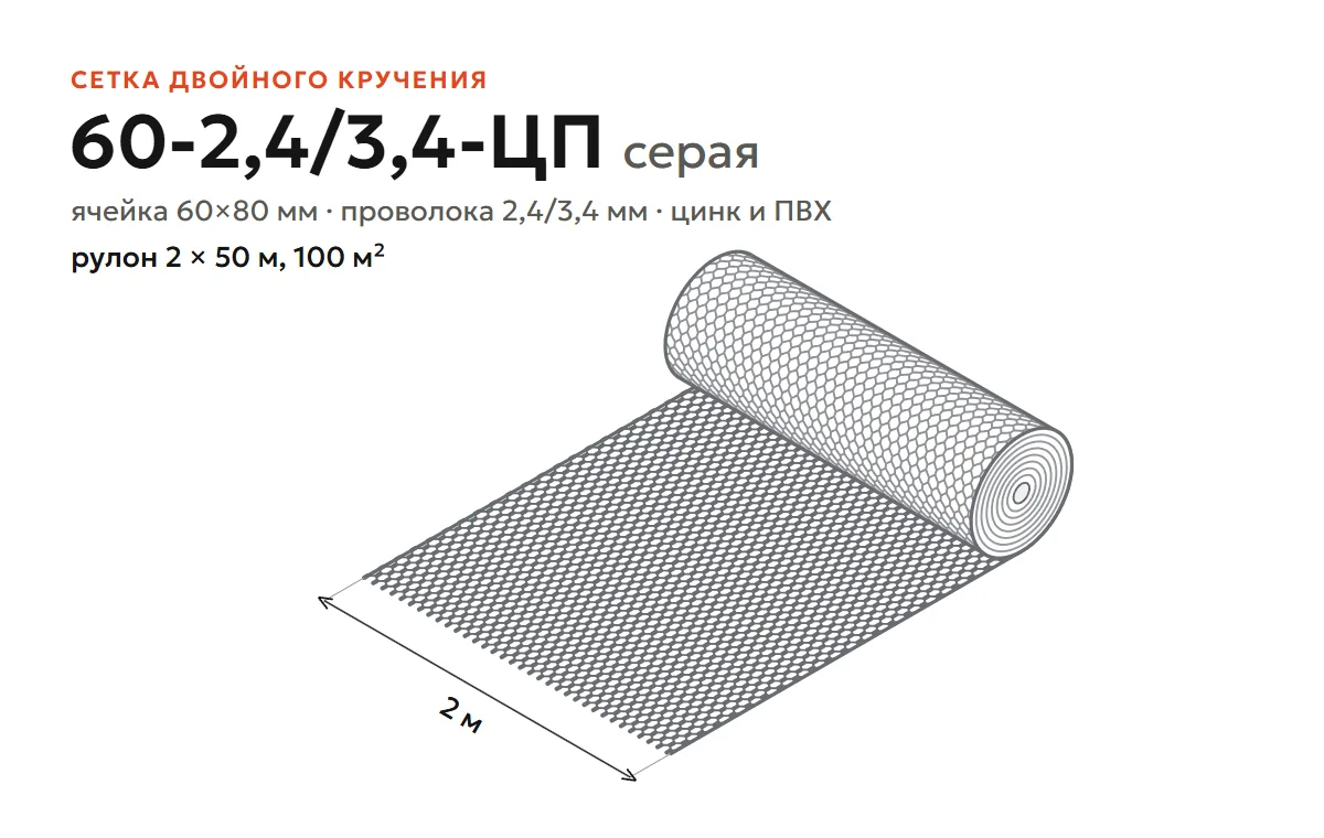Сетка двойного кручения 60-2,4/3,4-ЦП серая, рулон 2×50 м