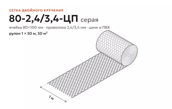 Сетка двойного кручения 80-2,4/3,4-ЦП серая в рулоне 1×50 м: чертёж, ячейка 80×100 мм