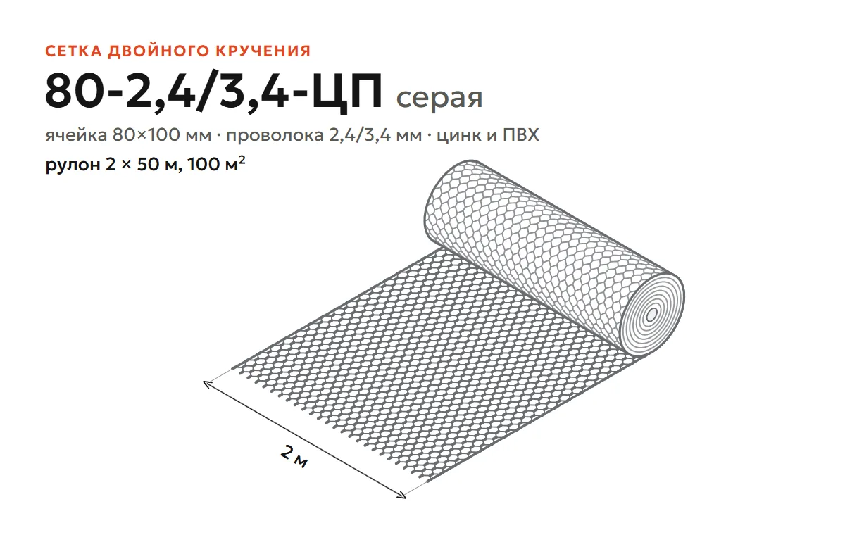 Сетка двойного кручения 80-2,4/3,4-ЦП серая, рулон 2×50 м
