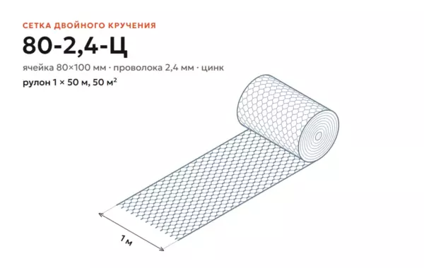 Сетка двойного кручения 80-2,4-Ц в рулоне 1×50 м: чертёж, ячейка 80×100 мм