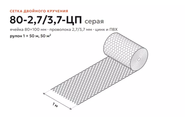 Сетка двойного кручения 80-2,7/3,7-ЦП серая в рулоне 1×50 м: чертёж, ячейка 80×100 мм
